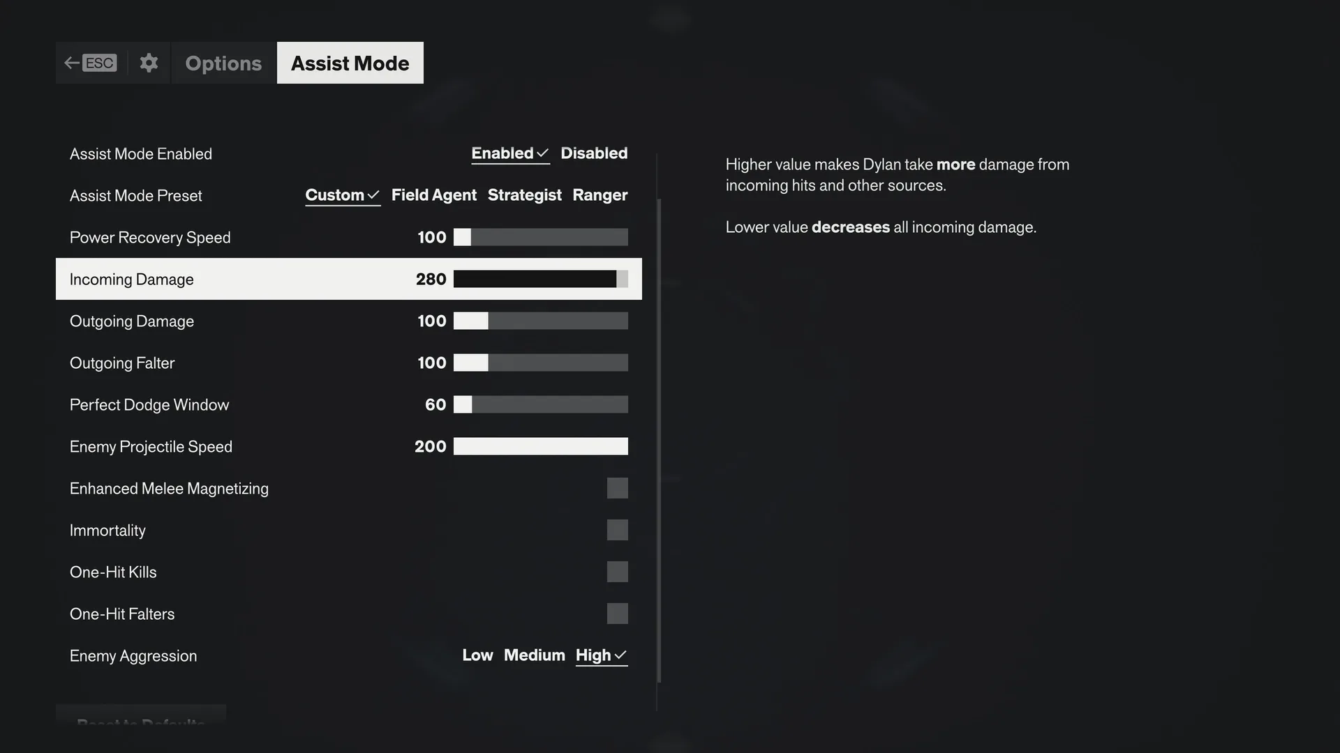 Assist Mode screen with the Incoming Damage slider highlighted at 280 and Enemy Aggression set to High