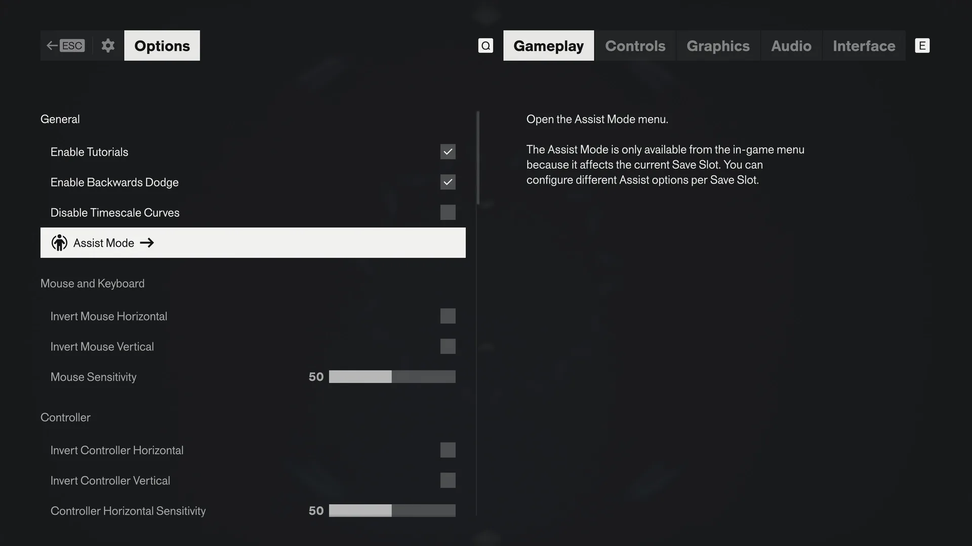 Options screen, Gameplay tab, with the Assist Mode entry highlighted and an explanatory note at the right
