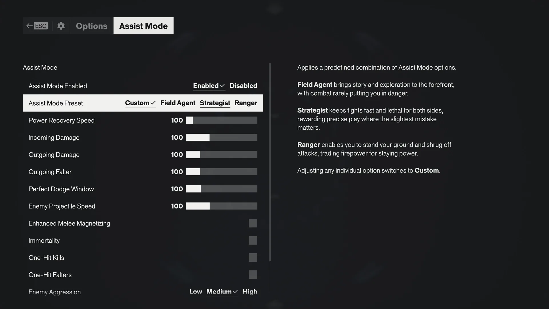 Assist Mode screen listing the preset row, six sliders at 100, four switches and Enemy Aggression, with preset descriptions at the right