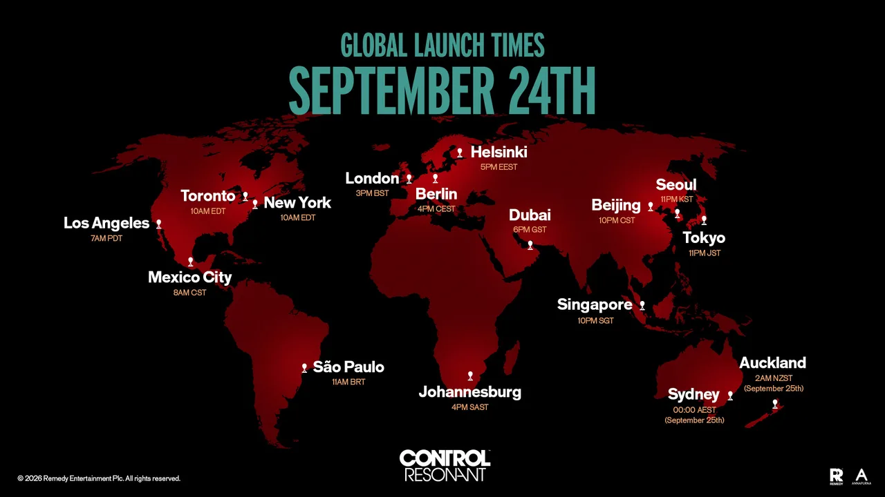 World map titled Global Launch Times, September 24th, with a launch time beside each of fifteen cities