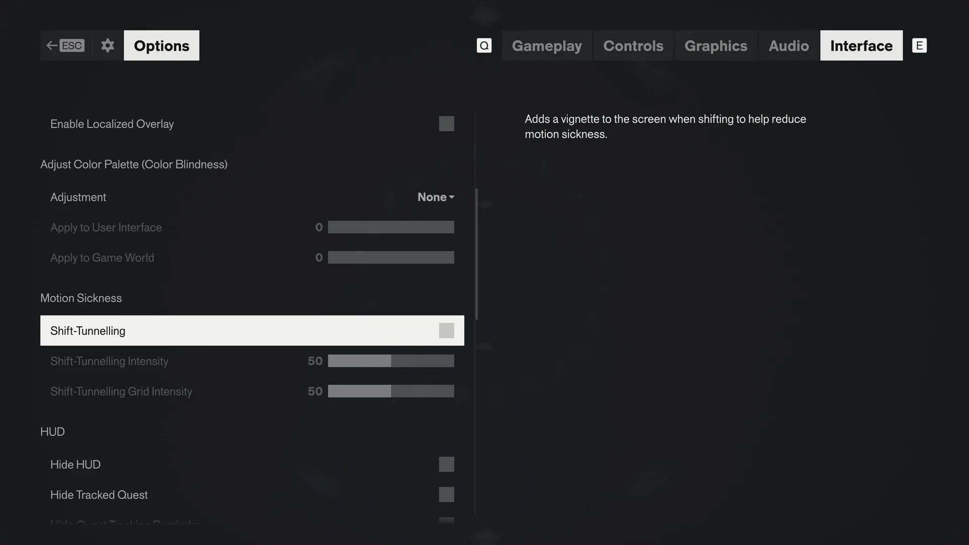 Options screen, Interface tab, showing color palette adjustment, a Shift-Tunnelling switch and HUD toggles